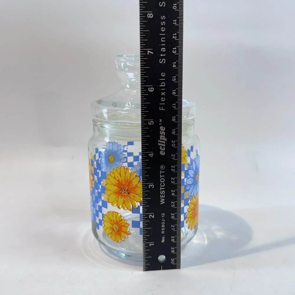 Clear Glass Canister Jar w Airtight Lid Floral & Check Pattern Farmhouse Cottage